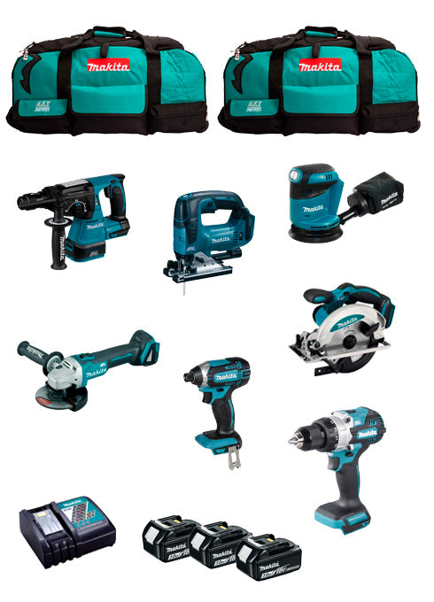 Makita kit with 7 tools + 3bat 5Ah + DC18RC charger + 2 bags DLX7243BL3