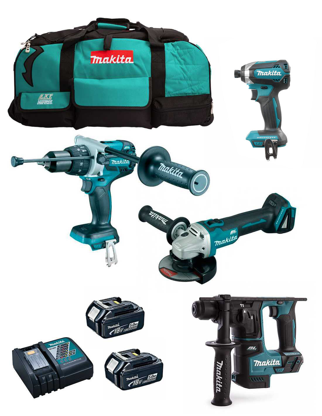 Kit Makita 4 herramientas + 2bat 5Ah + cargador + bolsa LXT600 DLX4481BL2