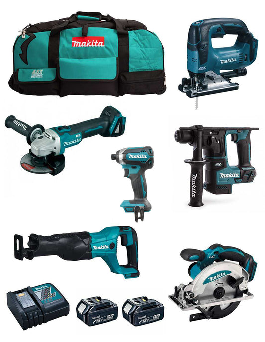 Kit Makita 6 herramientas + 2bat 5Ah + cargador + 2 bolsas LXT600 DLX6186BL2