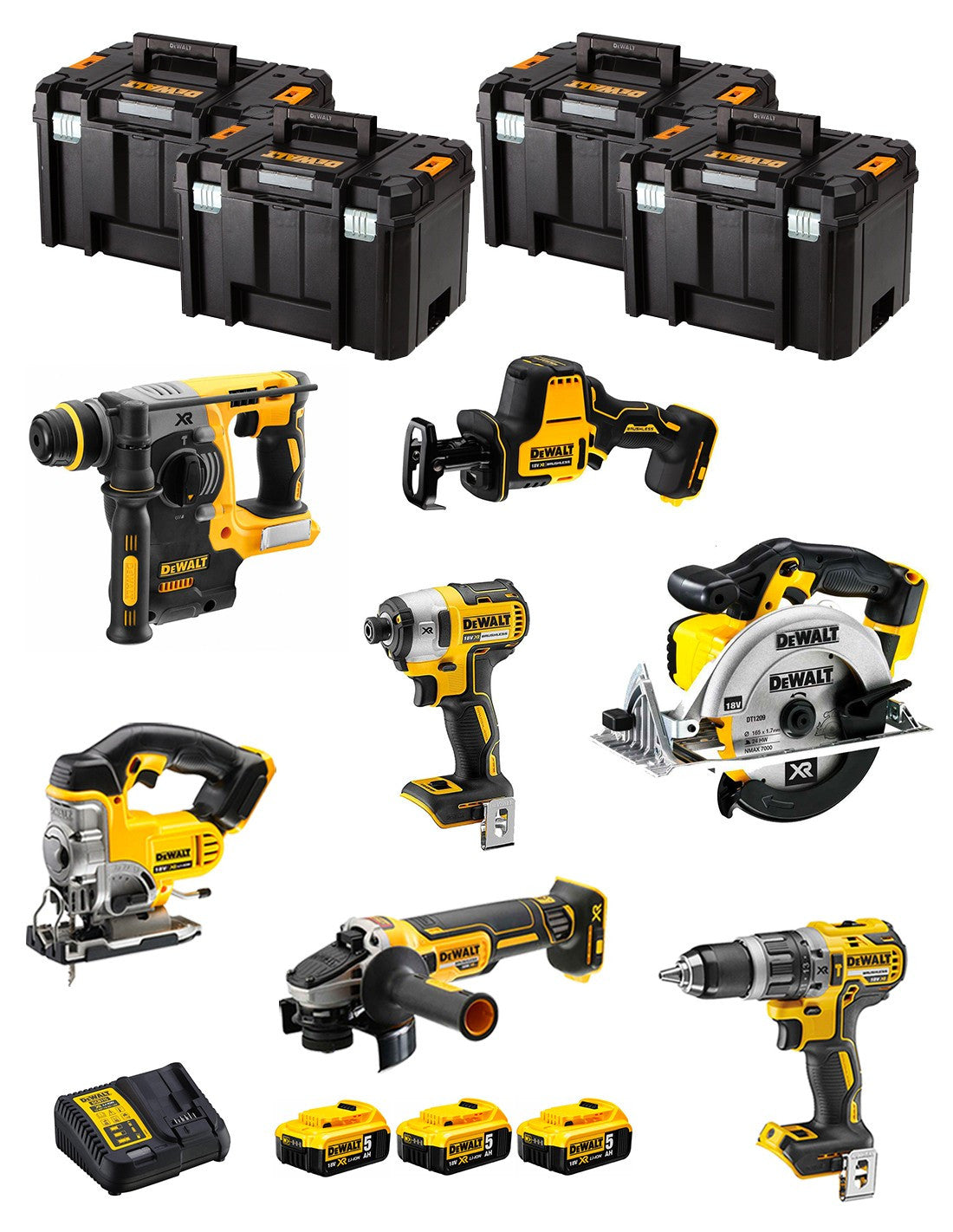 Kit Dewalt 7 herramientas + 3 bat 5ah + Cargador DCB115 + 4xTstak VI DCK769P3