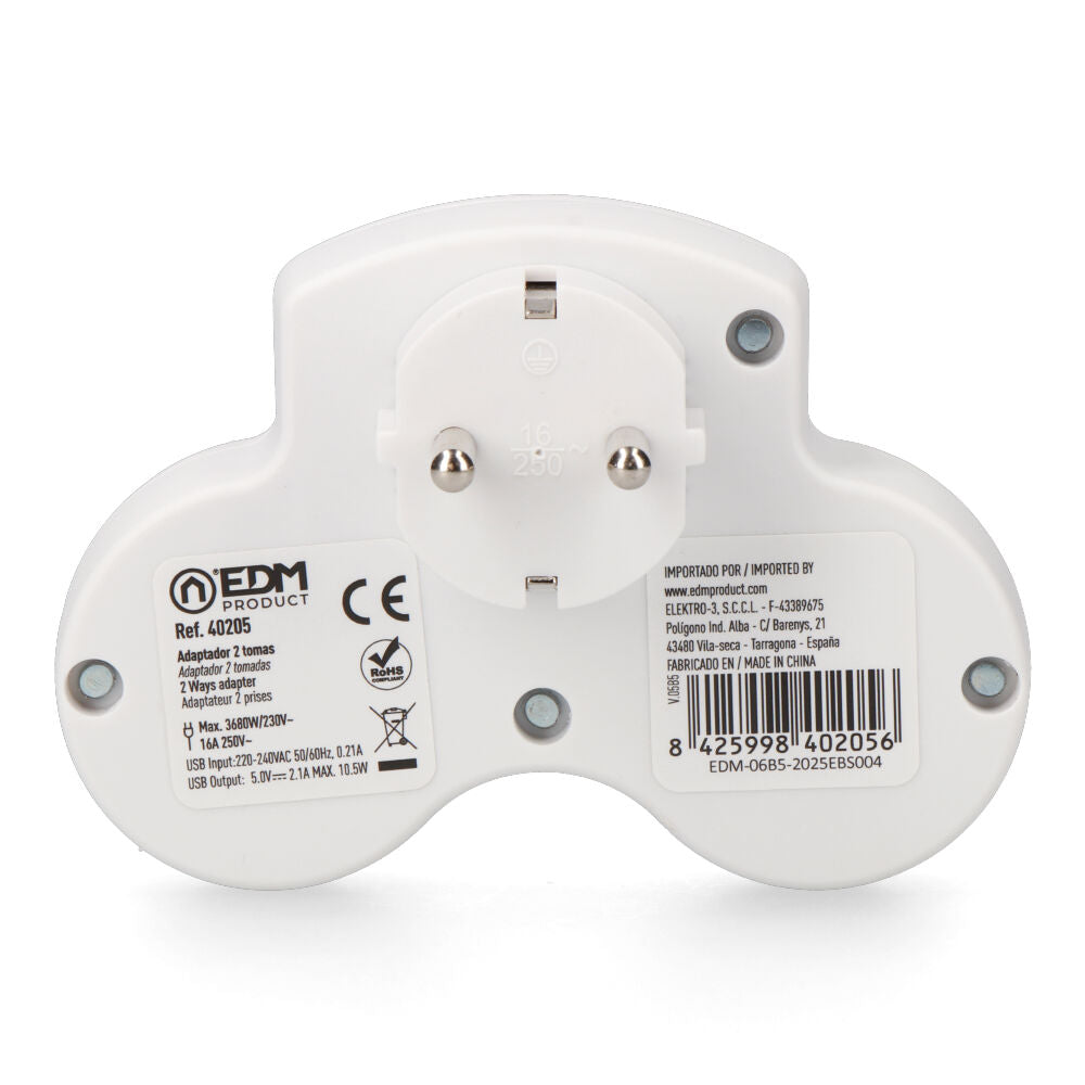 EDM 2-socket 2P+E SCHUKO adapter with 2 USB ports (A + C)