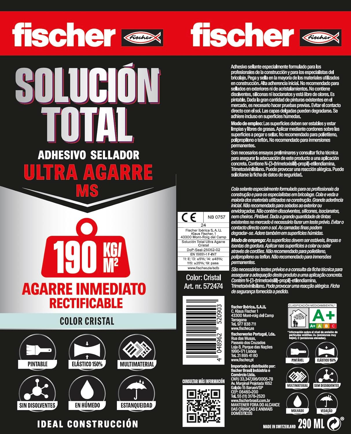 Fischer Sealant Adhesive Cartridge Total Solution Ulta Grip MS 290ml