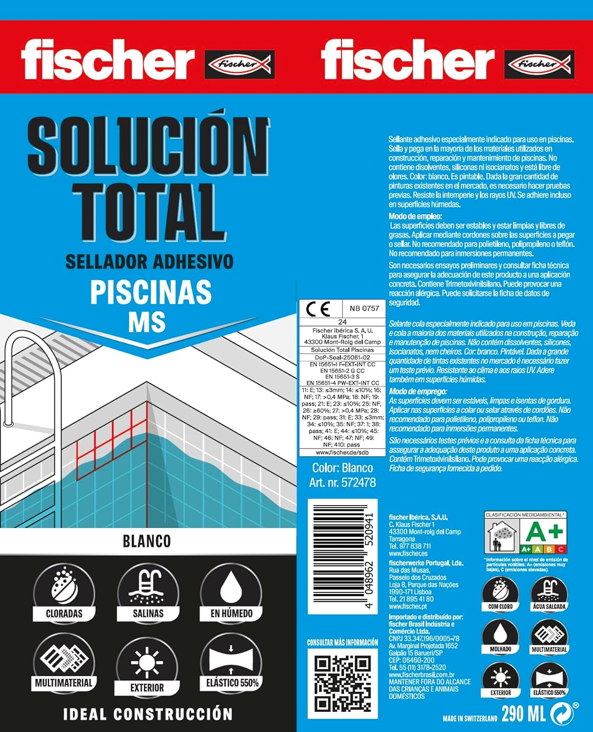 Cartucho Adhesivo Sellador 290ml Fischer Solucion Total MS Especial Piscinas