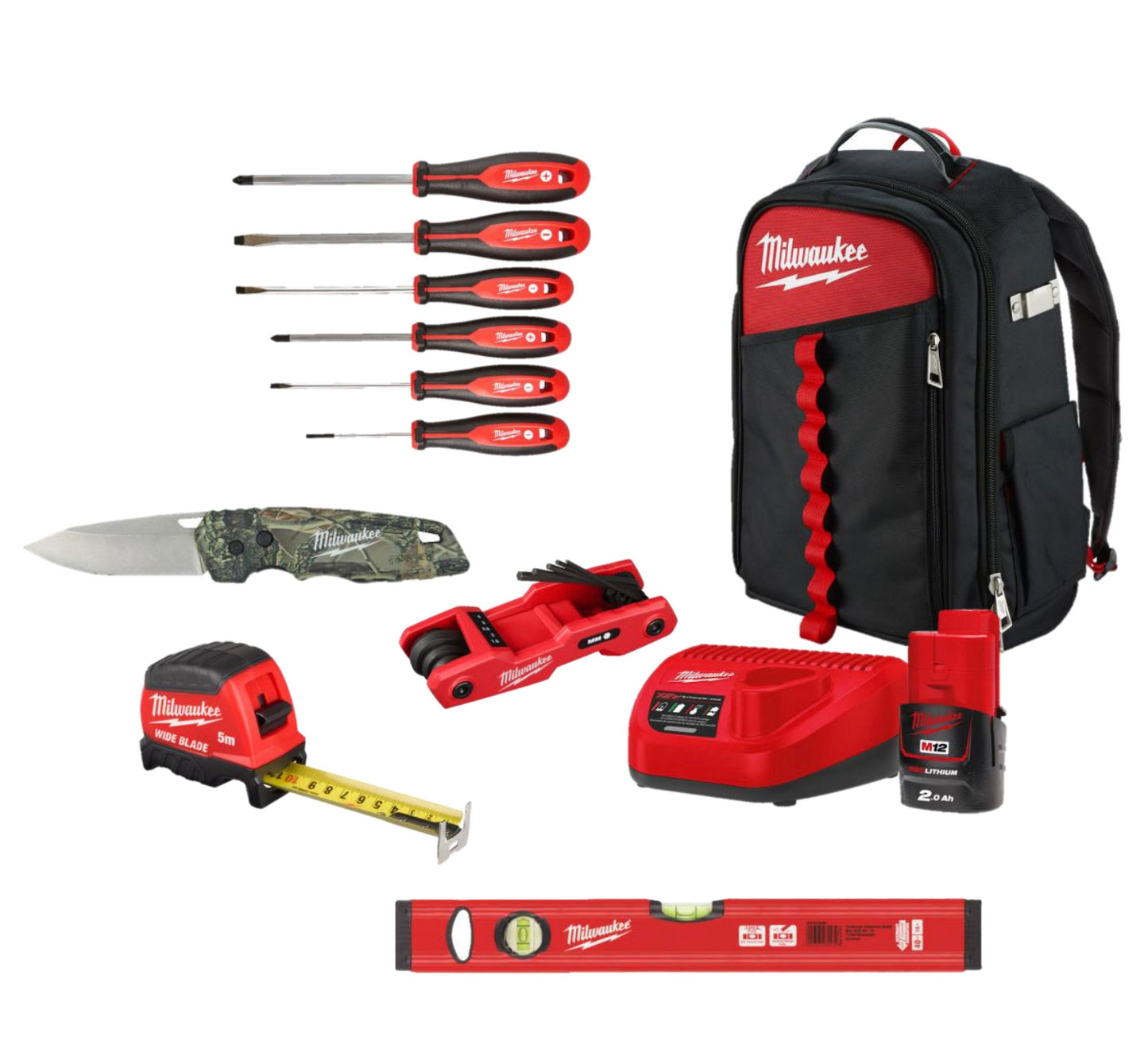 Conjunto especial con herramientas manuales + cargador + bateria + mochila Jobsite Milwaukee