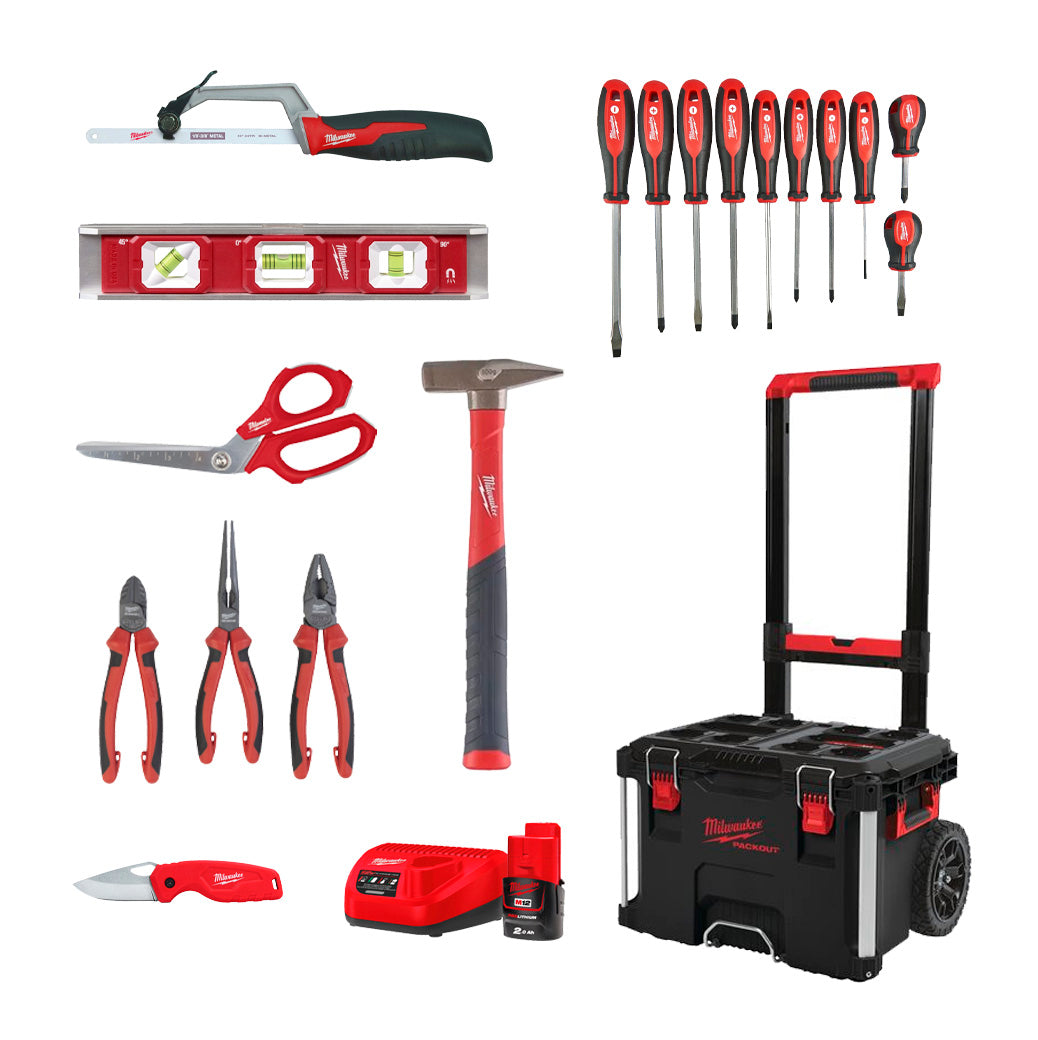 Special kit with hand tools + charger + battery + Milwaukee rolling toolbox
